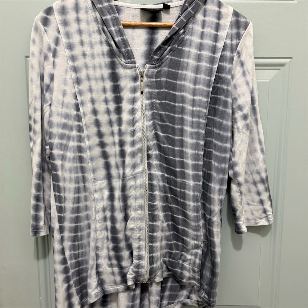 Onque Casual Hoodie Womens Size M Gray Ombre Tie-Dye Zip-Up 3/4 Sleeve